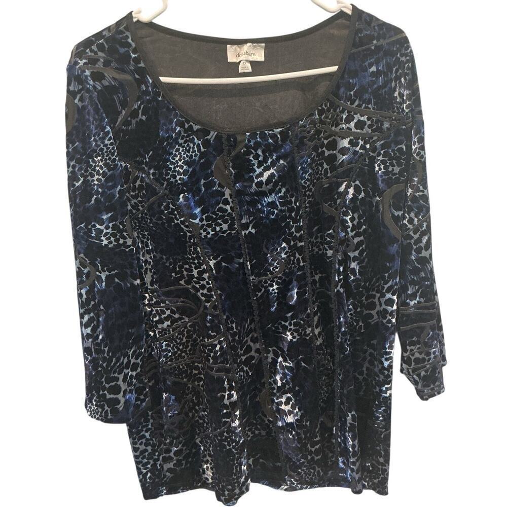 Womens Velvet Burnout Top Size 1X Sheer Blue Black Animal‎ Print Whimsigoth Fall